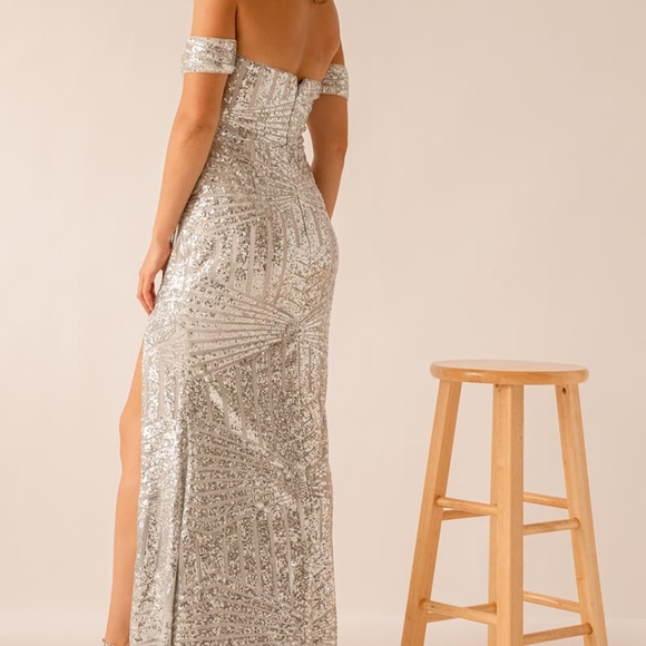 Lulu's You and Me Silver Sequin Off-the-Shoulder Mermaid Maxi Dress - Picture 5 of 7